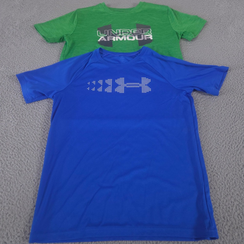LOT OF 2 Under Armour Shirt Kids Large Green Blue Tech Stadium Lights Graphic
